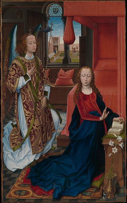 The panel painting by Hans Memling depicting the Annunciation, with Mary reading from a manuscript. (Click on the image to view larger.)