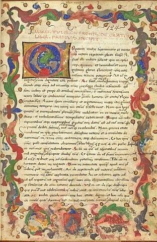 The first page of a manuscript of De oratore by Cicero, written and illuminated in Northern Italy in the 15th century, and preserved in the British Library
