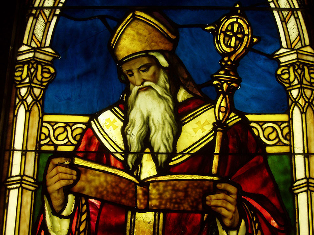 Tiffany stained-glass window of St. Augustine, in the Lightner Museum, St. Augustine, Florida.