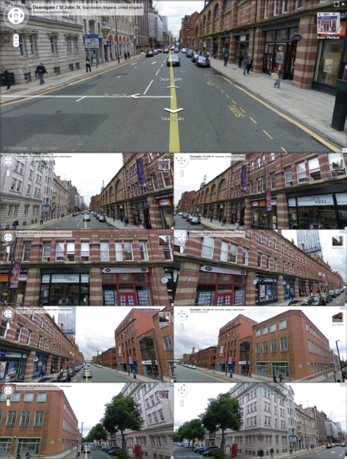 Google Street View image of St Johns Street in Manchester UK showing 8 different possible views