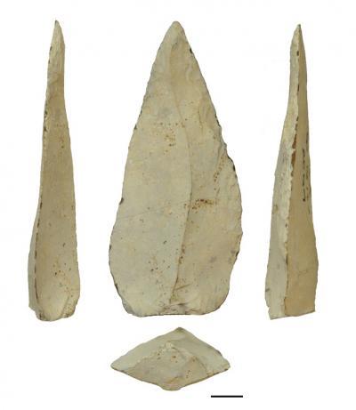 Example of nearly 500,000 year-old hafted spear tips from Kathu Pan 1. Photo by Jayne Wilkins. (Click on image to view larger.)