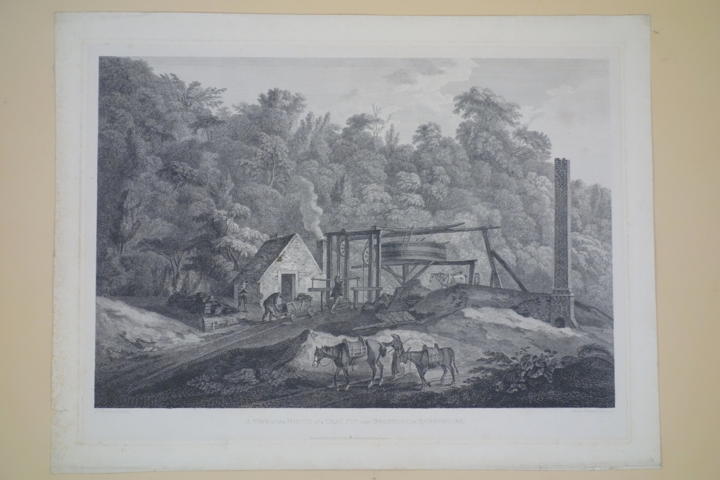 VIEW of the MOUTH of a COAL PIT near BROSLEY, in SHROPSHIRE. Engraved by Francis Chesham after George Robertson (1788) Notably there is no steam engine; work is being done by people with the