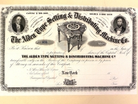 Stock certificate for the Alden Type Setting & Distributing Machine Co.