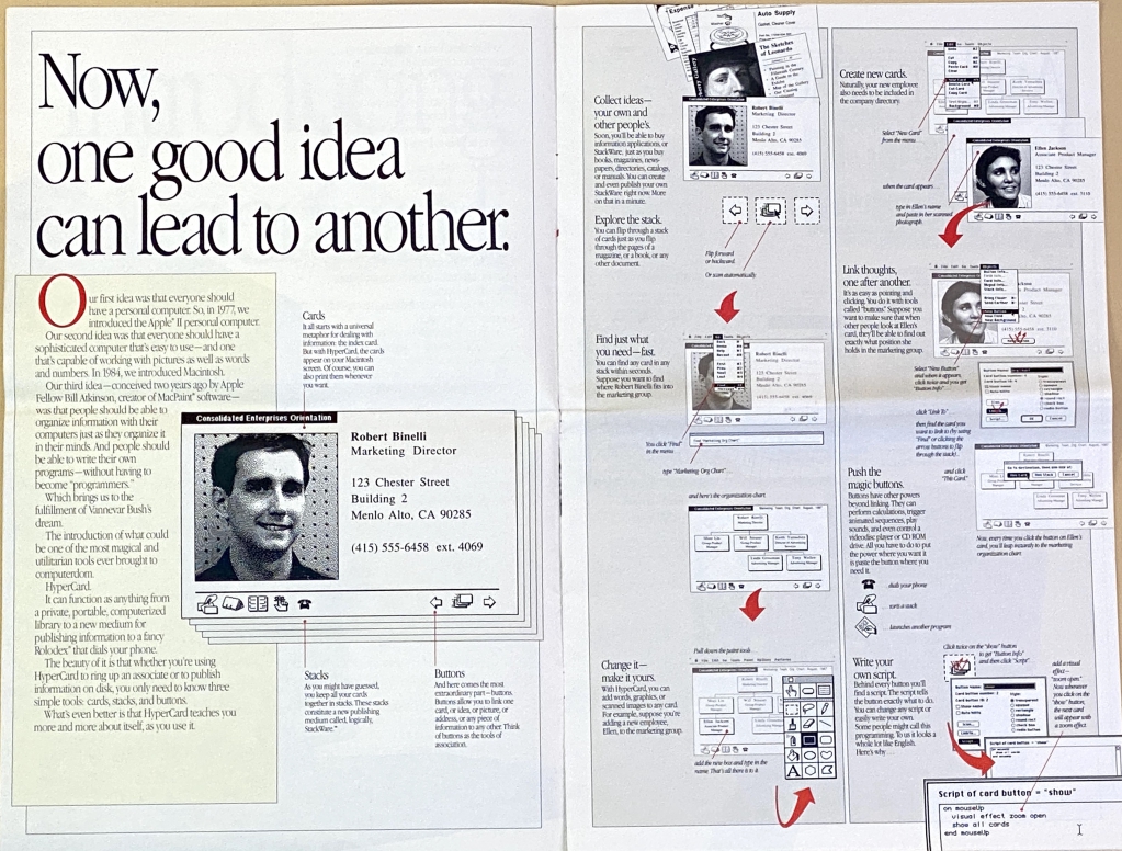 In the second page opening of the original Hypercard brochure Apple continued the reference to Vannevar Bush and association of ideas as presented in the Memex.