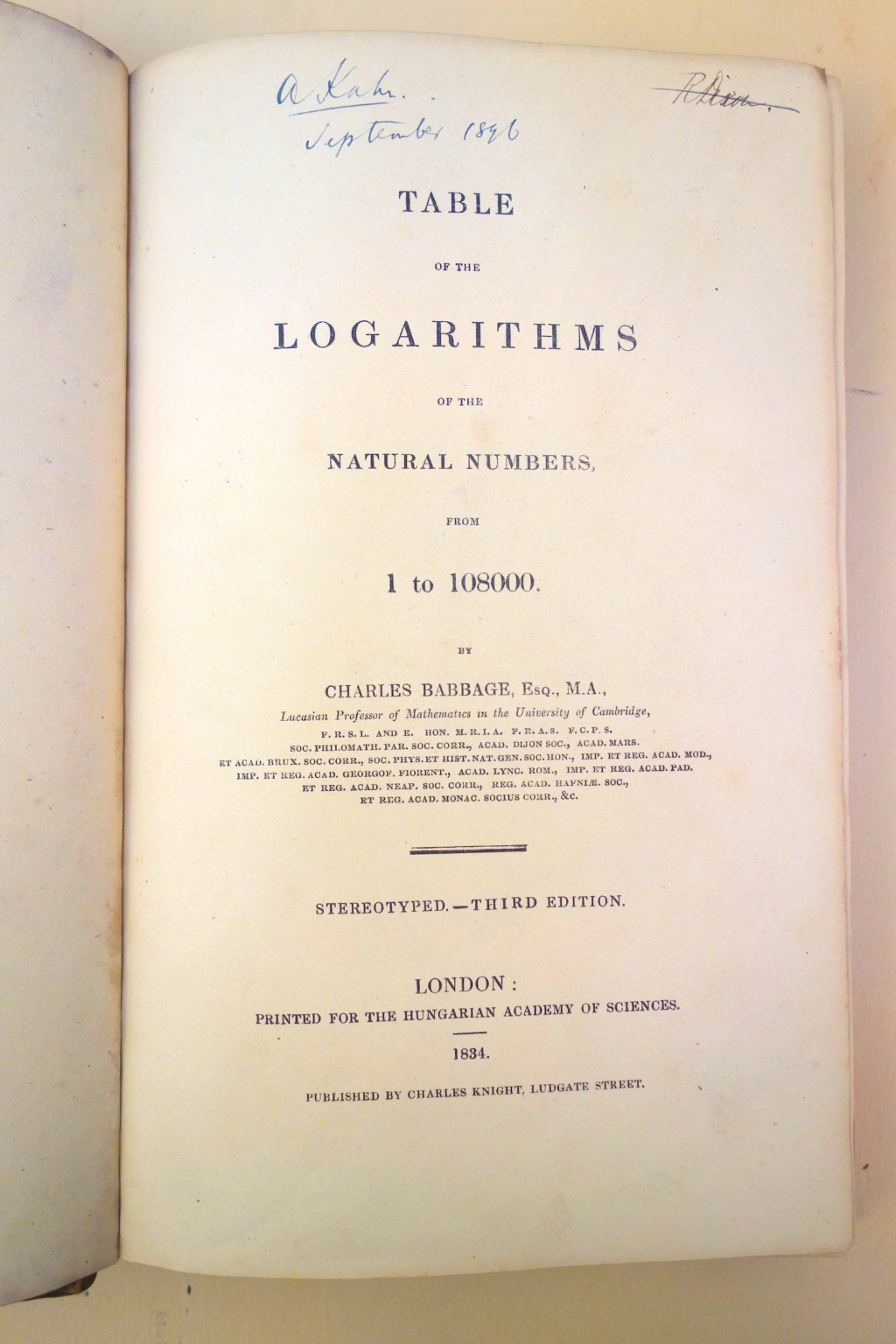 Babbage Table of Logarithms title page