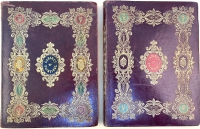 Deluxe inlaid leather binding on Baxter's Cabinet of Paintings. It appears that all copies were issued in this full morocco binding with inlays of red, green, yellow, and blue leather.