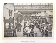 The bookbinding department at Berger-Levrault. the machines at the far right may be folding machines that the company introduced in 1859.