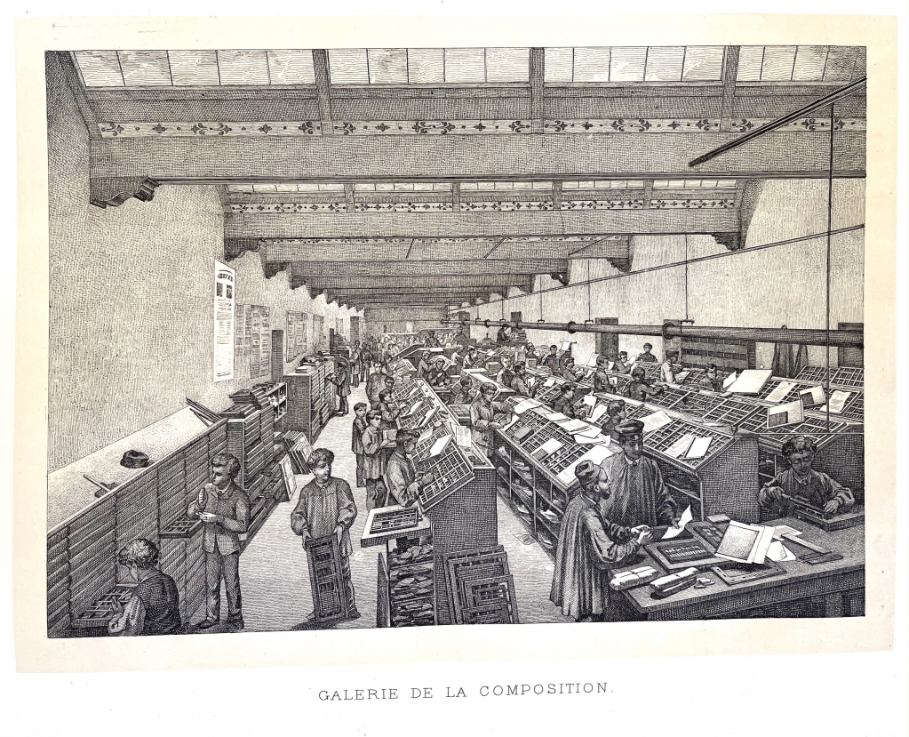 Typesetting Berger-Levrault in 1878 was entirely done by hand. In the left isle we see young boys supporting the work of the men.