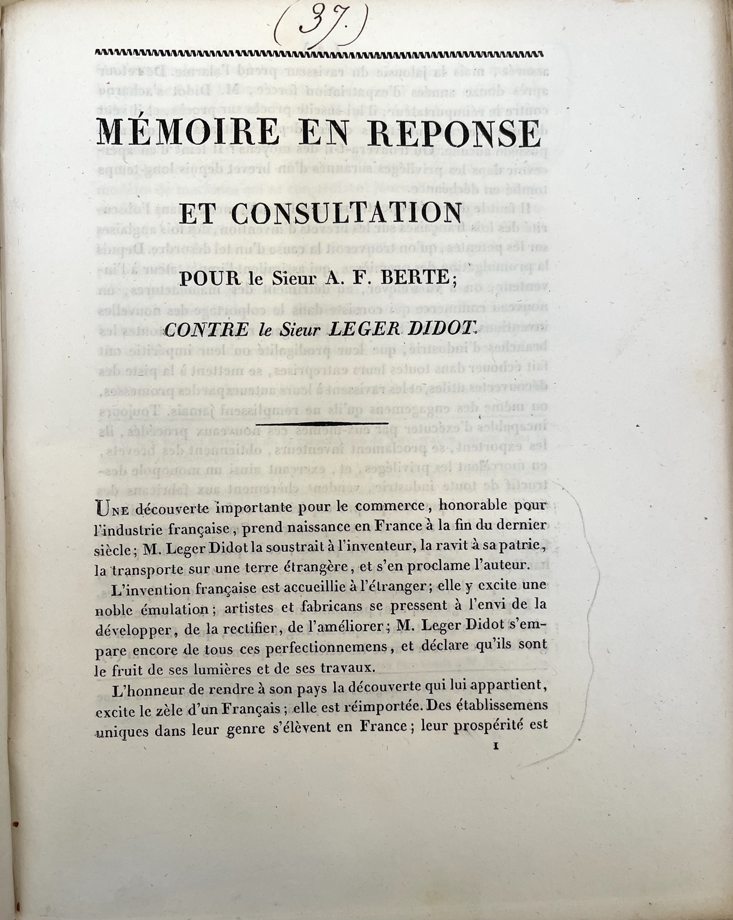Berte's privately printed response to Didot's suit for patent infringement.