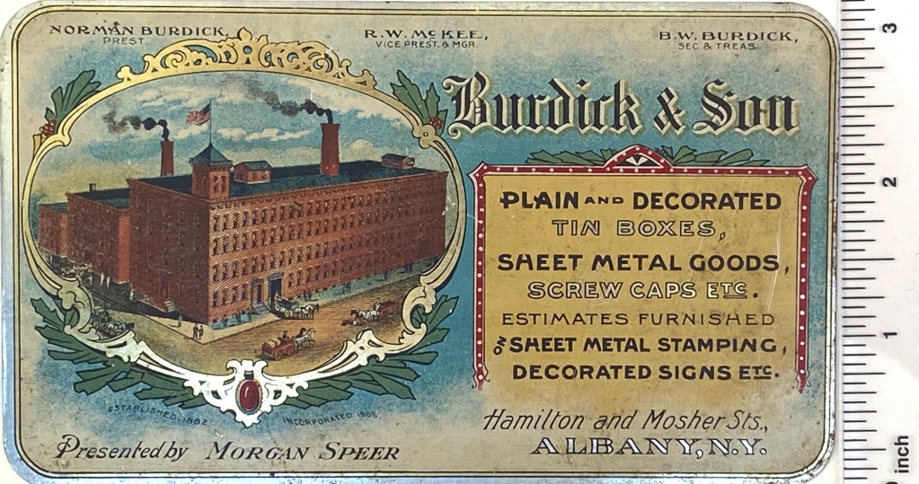 Burdick & Son metal trade card front