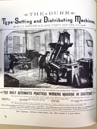 Burr typesetter and distributor ad published in American Model Printer magazine from April 1883 as reproduced by Richard Huss, p. 84.