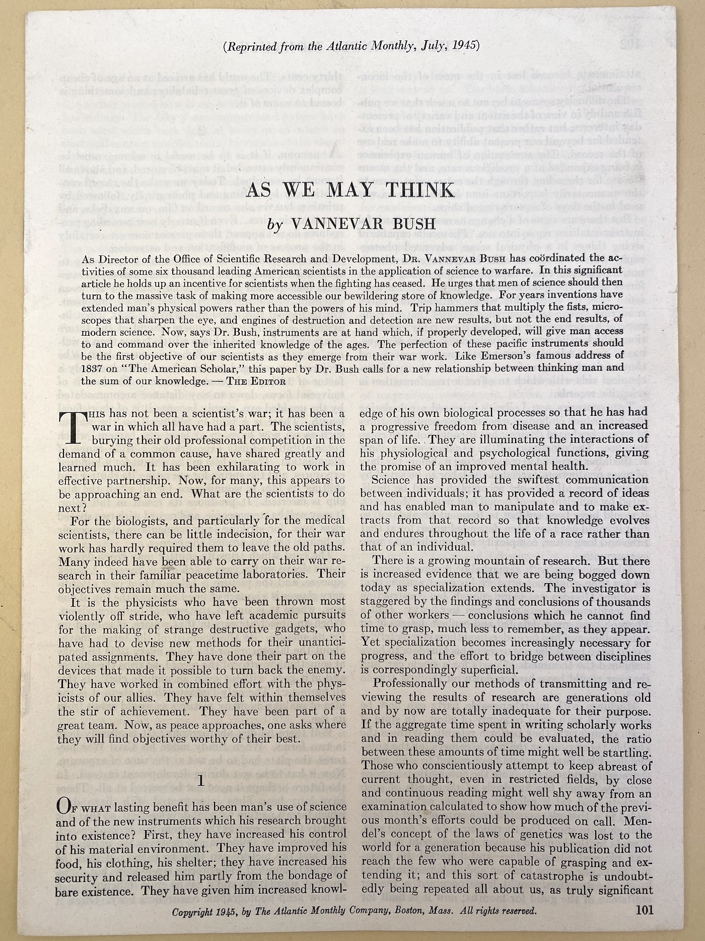 First page of the separate offprint of Bush's "As We May Think." This copy, in my private collection, is the only separate offprint of this paper of which I am aware.