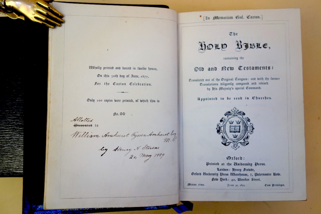 This copy of the Caxton Memorial Bible was saved by Henry Stevens and presented 12 years after the original production in 12 hours on June 30, 1877.
