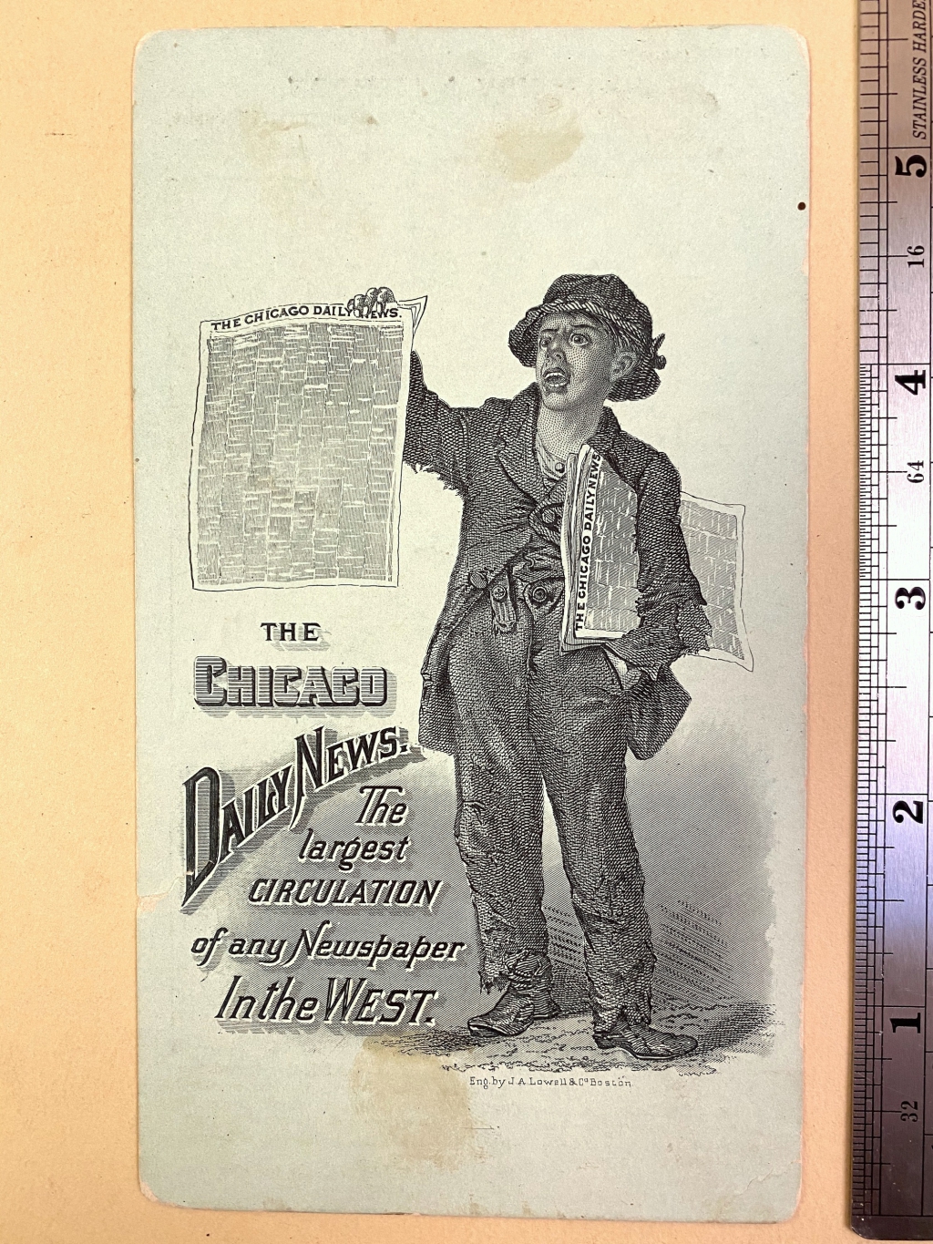 This 3 x 6 inch advertising card for the Chicago Daily News has a calendar for 1884 printed on the back.