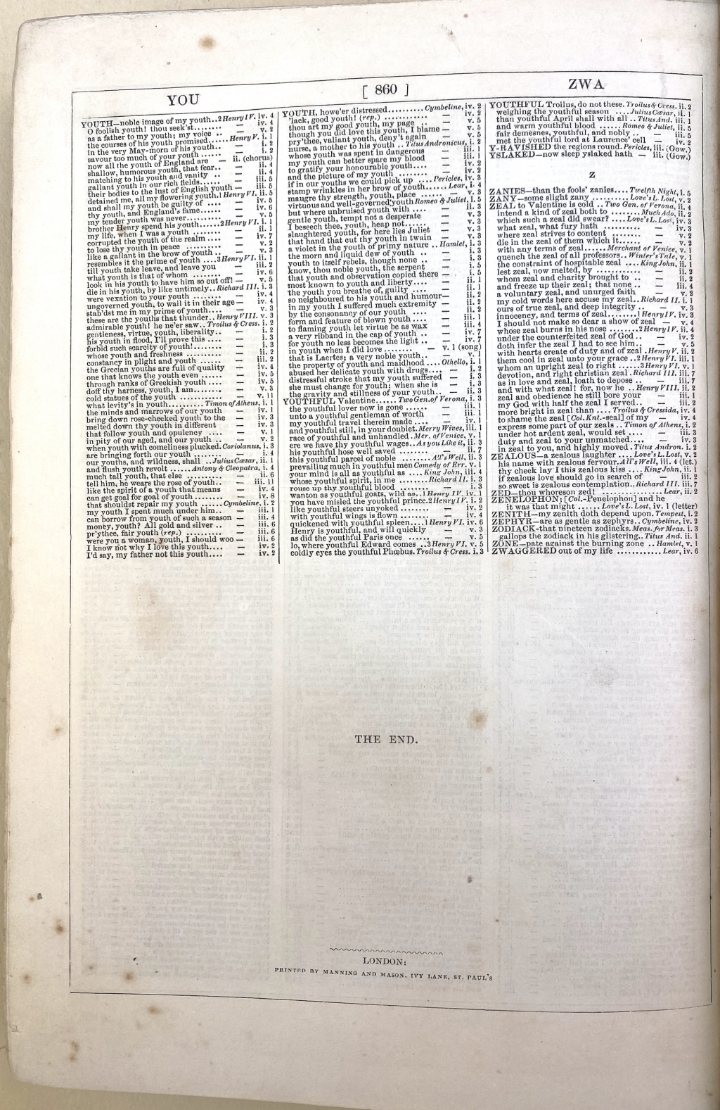 Final page of the Clarke concordance to Shakespeare.