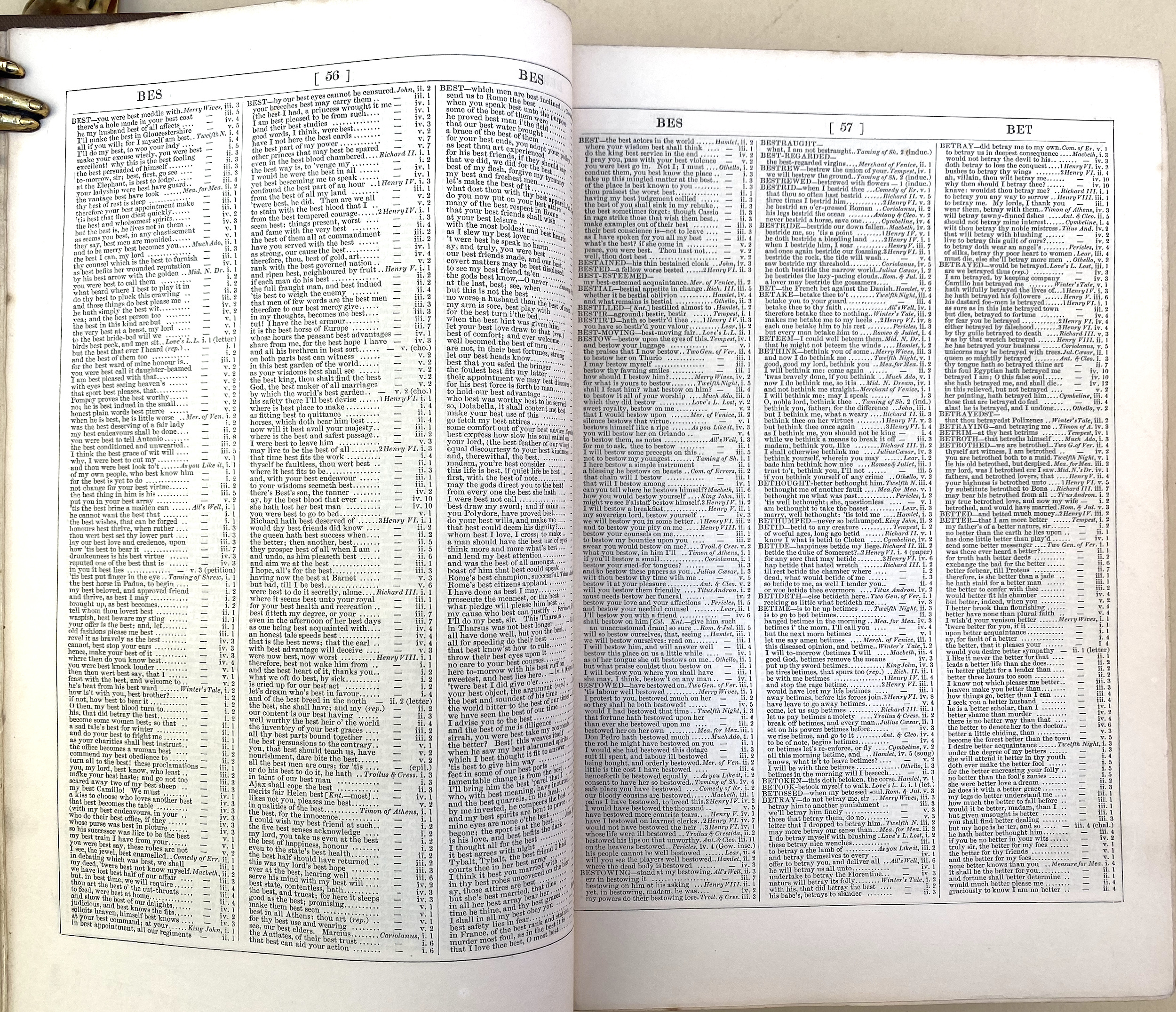 A typical page opening of the Cowden Clarke Shakespeare concordance entirely set in 6 point type.