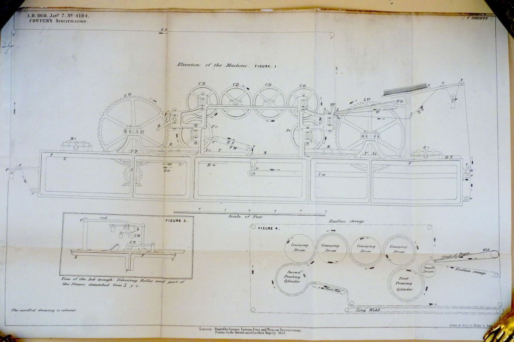 Schematic of the the double cylinder perfecting machine from Cowper's 1818 patent.