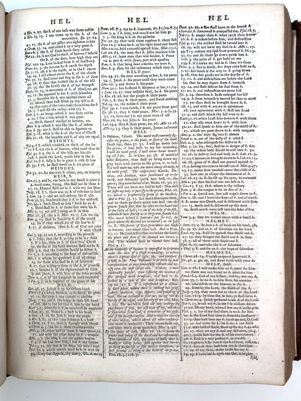 Cruden's references for Hell appear in the center of this typically dense three-column page of the concordance.