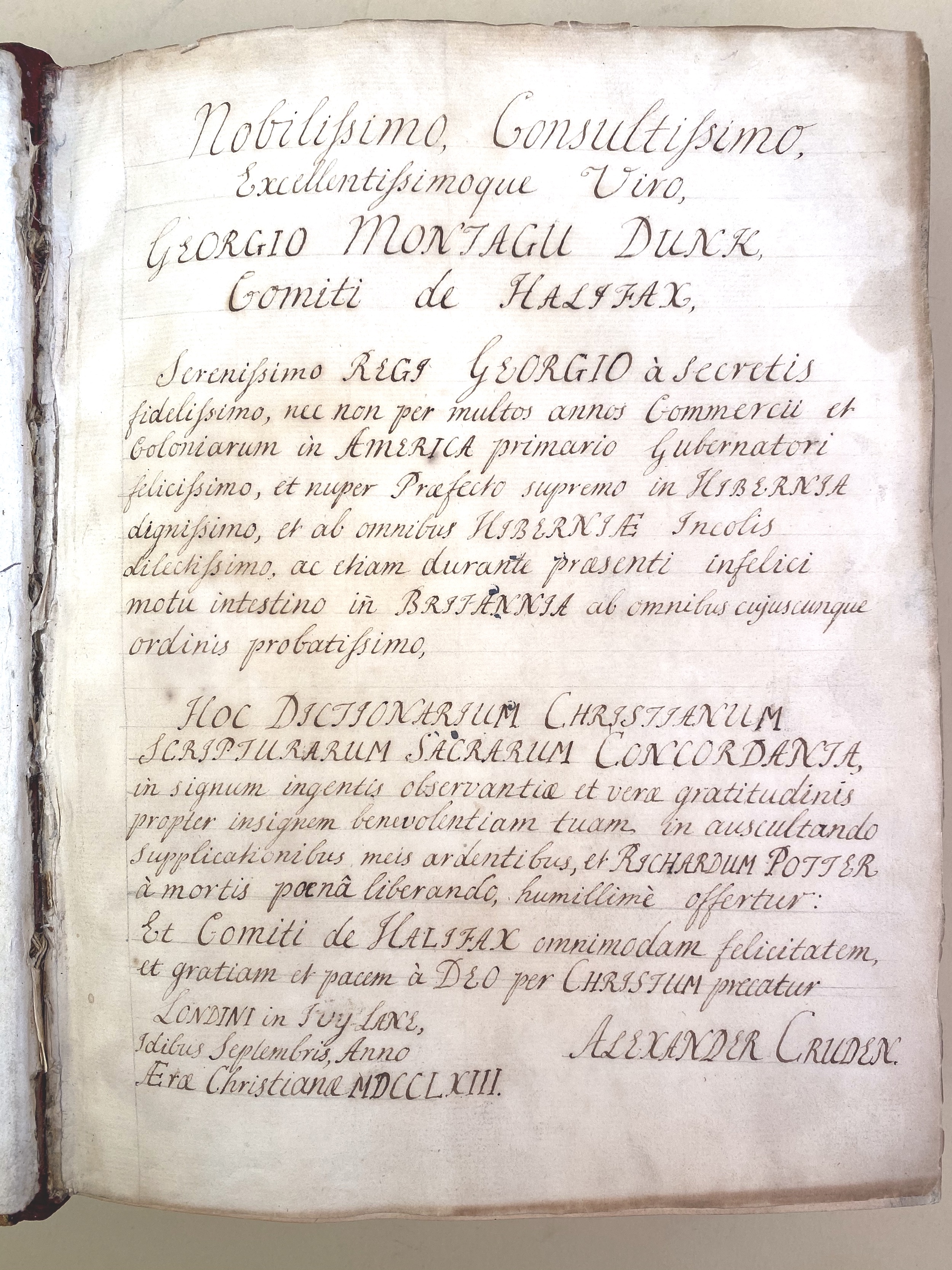 Elaborate presentation inscription signed by Cruden inserted into the specially bound presentation copy that Cruden had prepared to thank Lord Halifax for his saving a seaman from the gallows