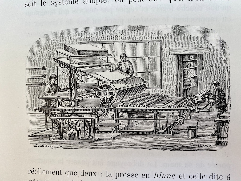 Detail showing single cylinder press in operation from Dupont 1867 reduced