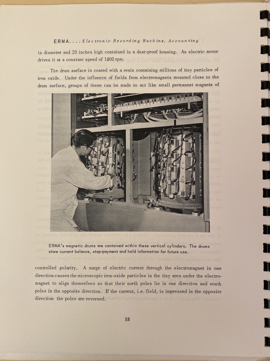 Page of the Bank of America brochure describing and illustrating the magnetic drum memories used by the system. Until the wide-spread adoption of solid-state memories, the electronic memory systems remained a significant stumbling block in building large scale systems.