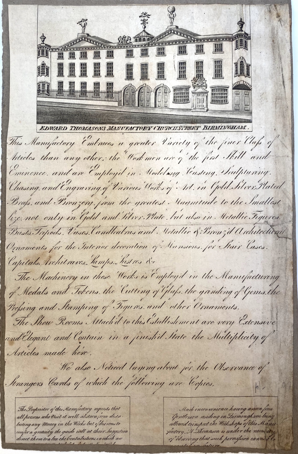 Edward Thomason's Manufactory advertising flyer.