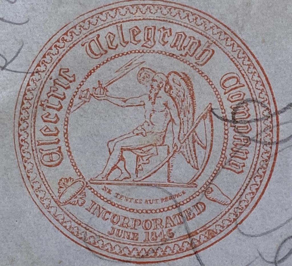 Enlargement of the Electric Telegraph Company logo from the telegram envelope. The sitting figure appears to be the Greek god Chronos, father of Zeus, hurling a lightning bolt