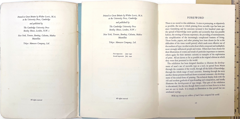 The catalogue does not appear to have been copyrighted. On the left we see the copyright page of the first printing, followed by the same page and the Foreward from the second printing.