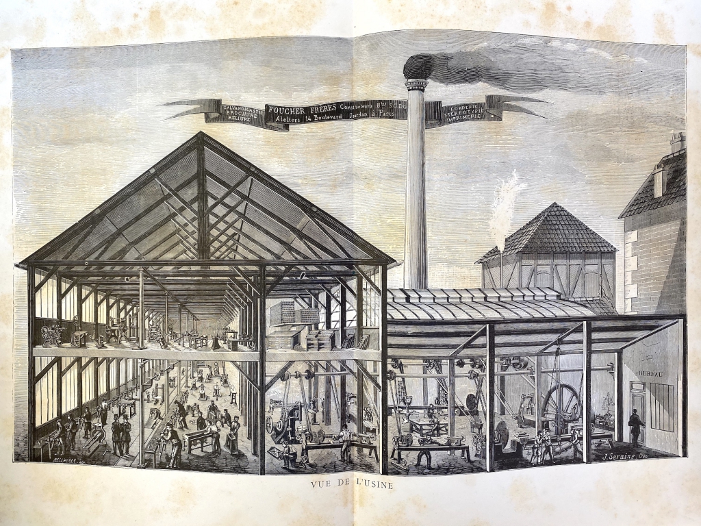 Cross section of the Foucher Frères manufacturing facility. Notably the steam engine is powering lathes on the right side of the image while the remaining equipment was powered by hand.
