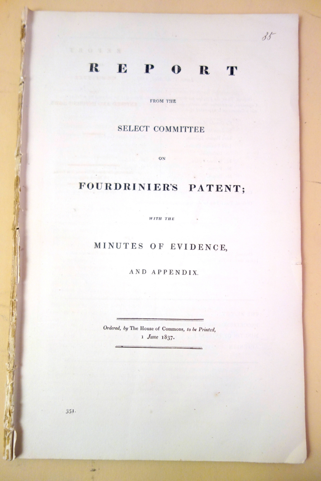 Title of the Report from the Selecto Committee on Fourdrinier's Patent