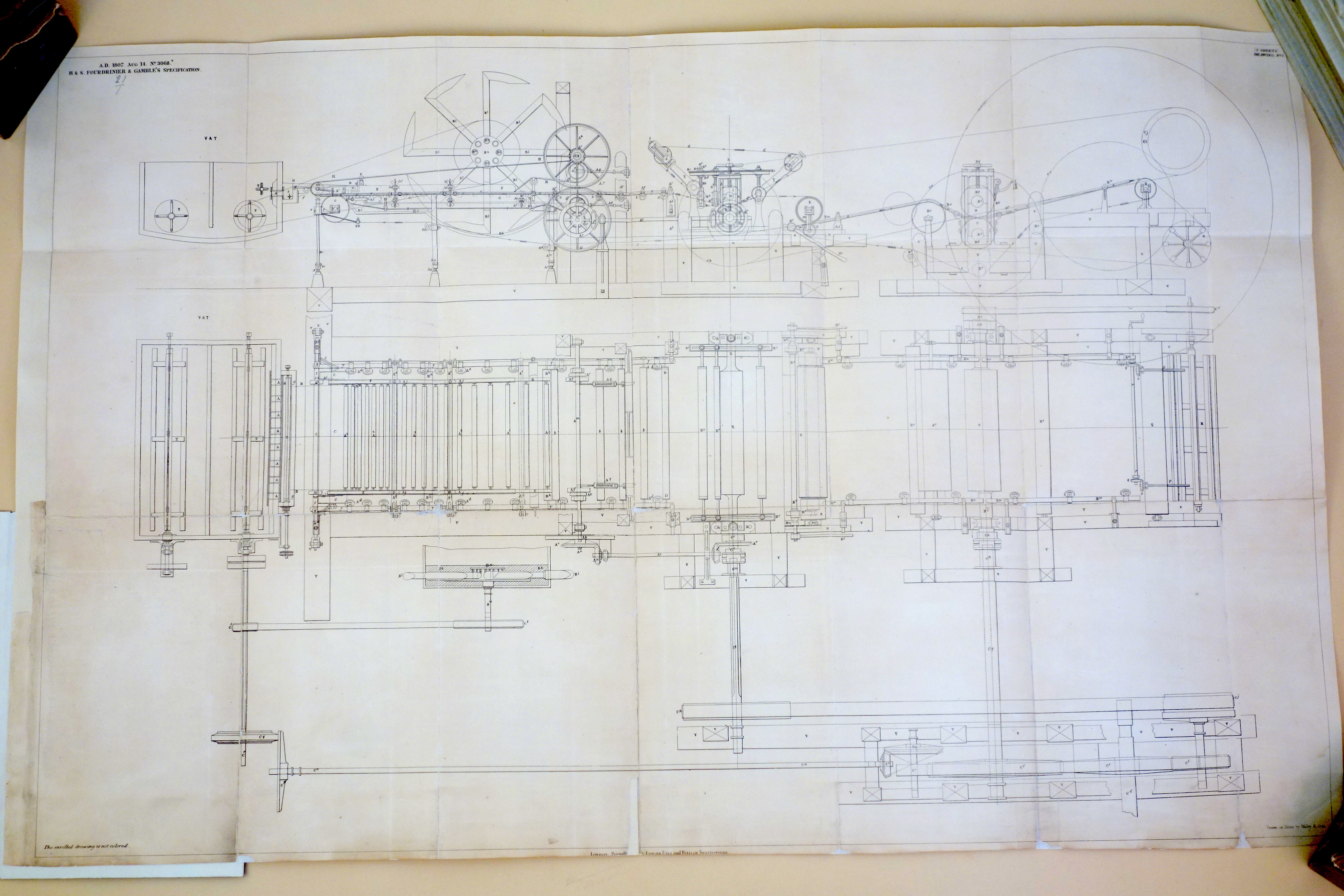  A patent drawing from the Fourdinier & Gamble patent of 1807. This was the first patent on what came to be called the Fourdrinier machine.