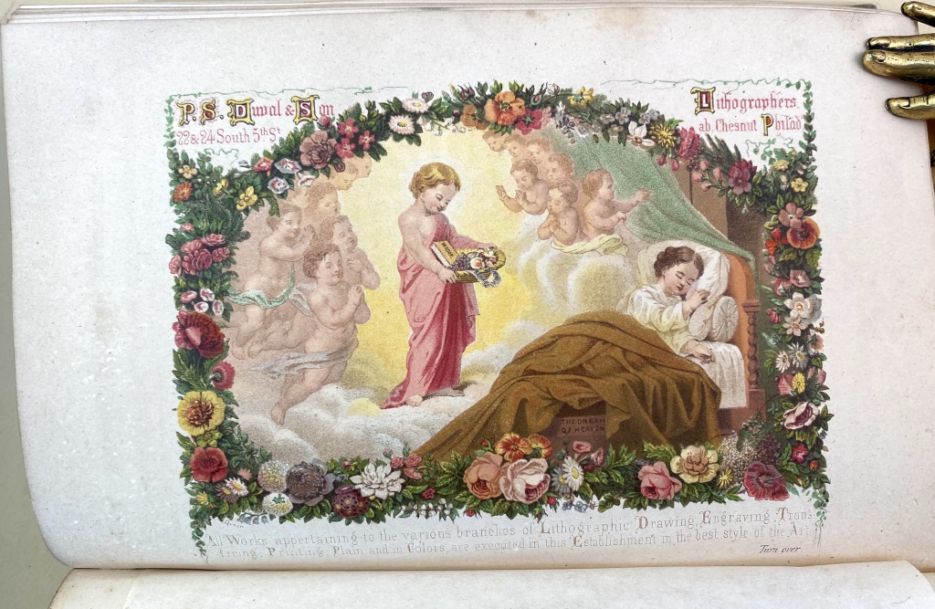 dvertisement by P. S. Duval & Son chromolithographes representing an example of their work. The subject matter of flowers and angels, with the blond-haired angel carrying a basket with the ca