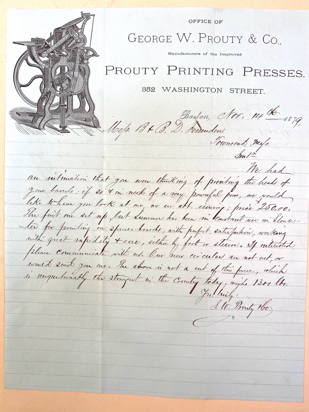 George W. Prouty letter about his press