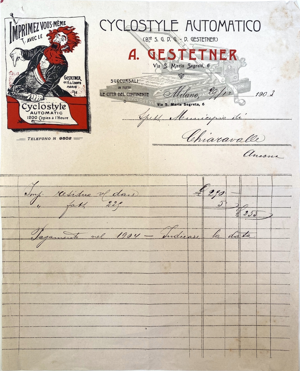Gestetner Milano invoice dated 1903. Note the dramatic red-bearded salesman!
