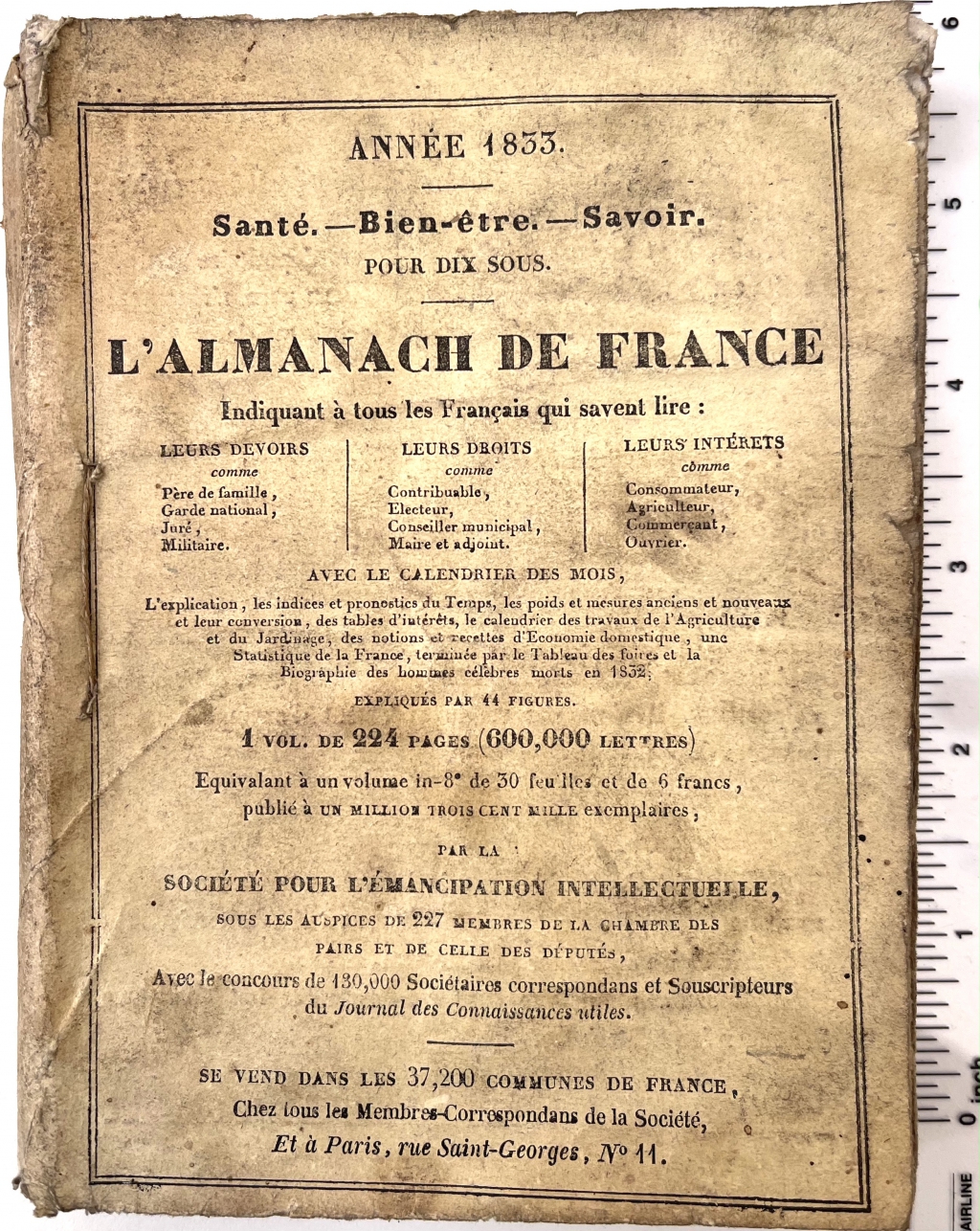 Upper printed wrapper of the first edition of L'Almanach de France, claiming to have been issued in an edition of 1,300,000 copies.