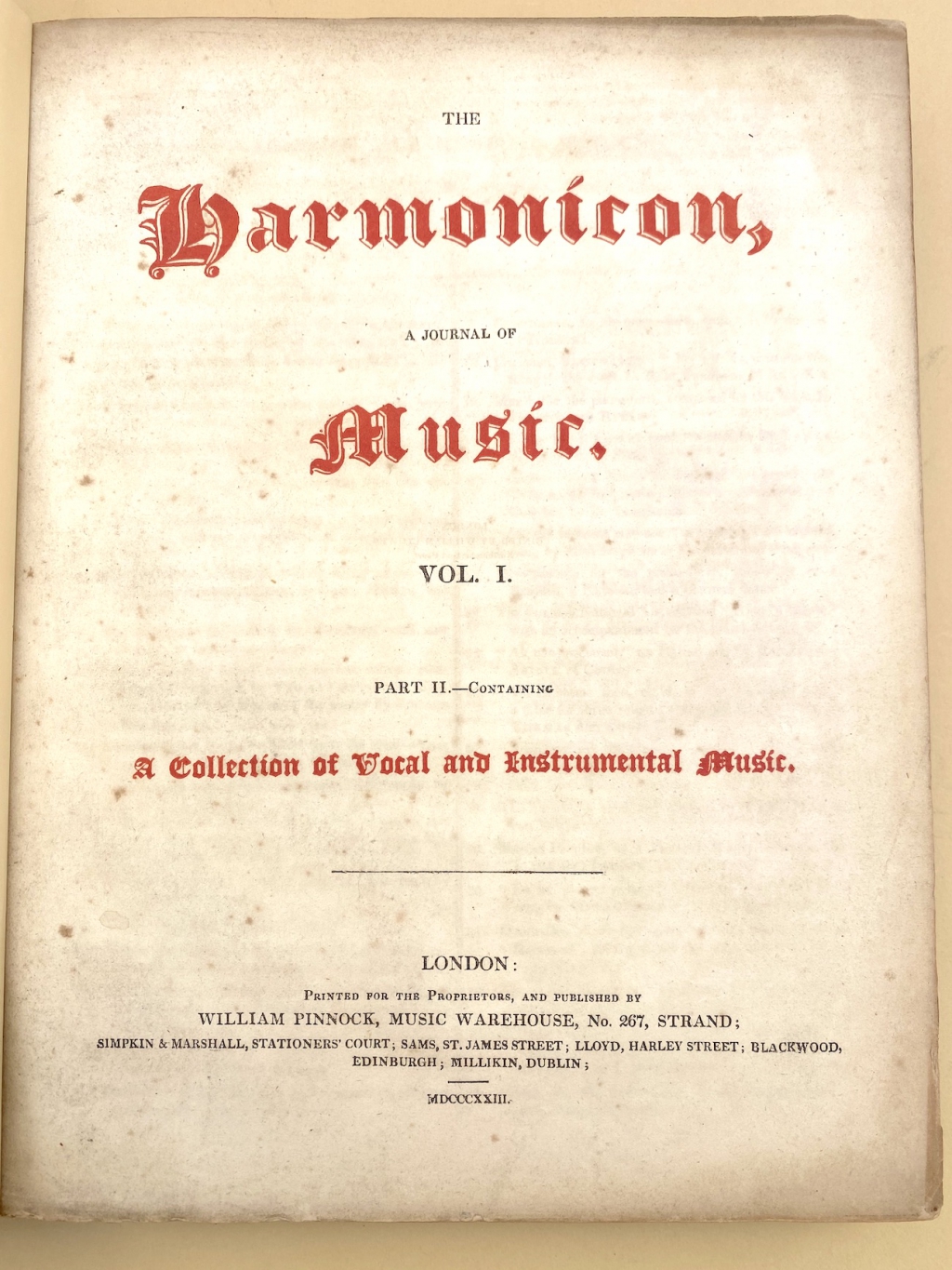 Title page of the first annual collected volume of The Harmonicon magazine.