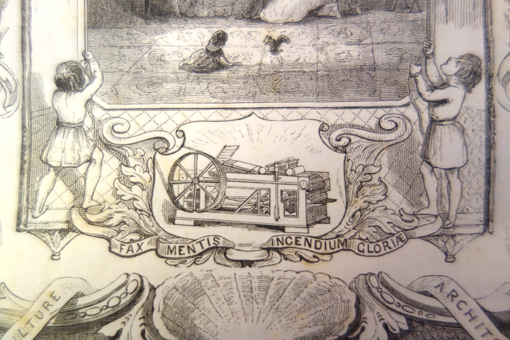 Enlargement of the foot of the Harper design to show the Adams printing machine.