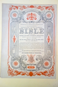 The single leaf broadside prospectus for Harper's Illuminated and New Pictorial Bible. When the prospectus was published the publishers did not know the final number of parts that it would re