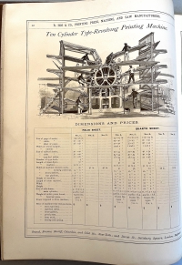 This catalogue page shows that Hoe was still manufacturing their huge Ten Cyclinder Type-Revolving Printing Machine for large scale newspaper production. Based on the drawing, the machine req