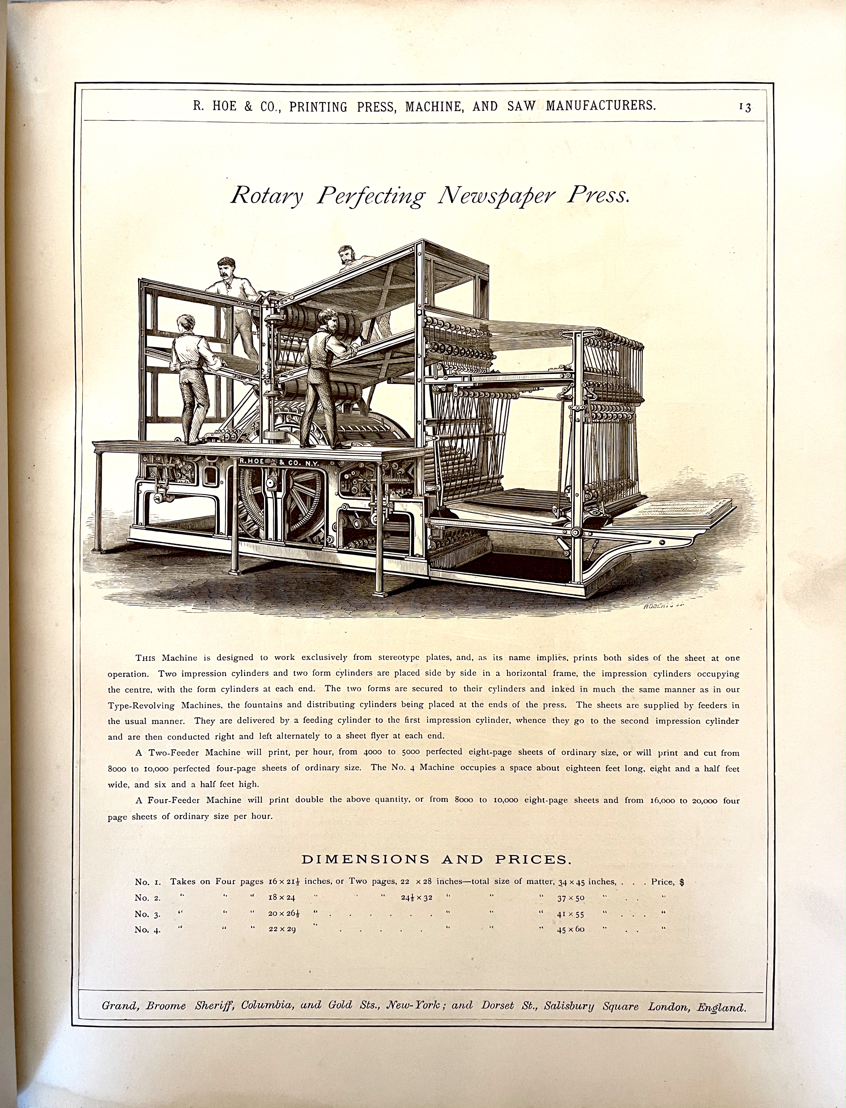 Notice that the column for prices in the lower right has been left blank. Also note that paper feading on this press required for men or boys.