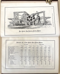 This page opening from the 1867 Hoe & Co. printing machine catalogue depicts the printing machine shown in the photograph and the variations of it that Hoe made available.