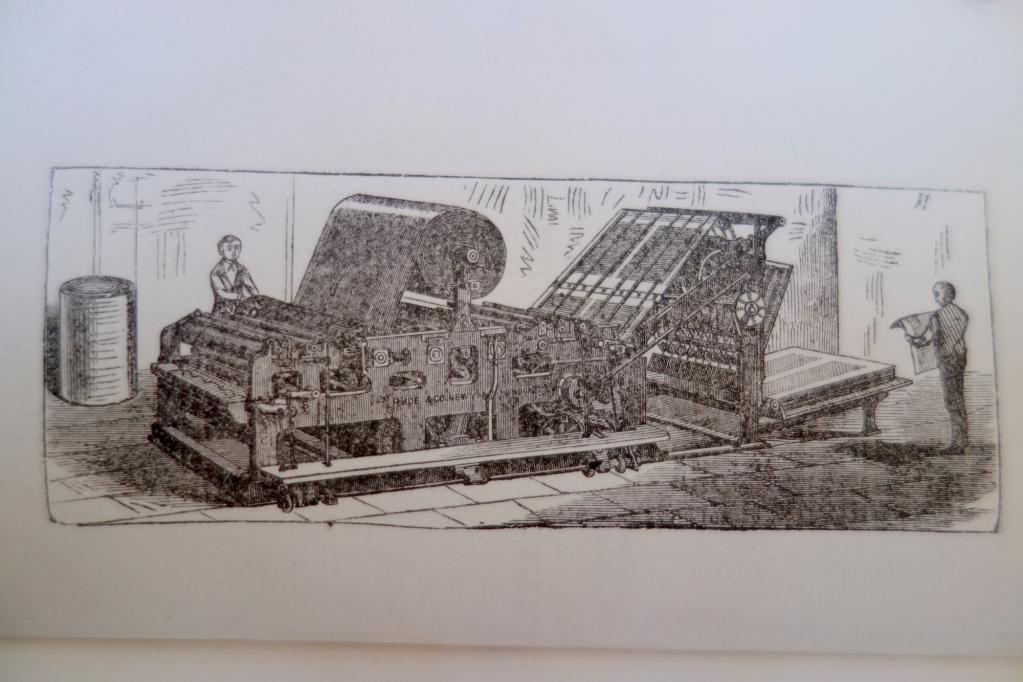 Enlarged from the frontispiece, the relatively crude metal cut of Hoe's web perfecting press, the latest and fastest printing technology, serves as frontispiece to a catalogue of mostly histo