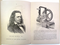 Besides Howe's portrait this page opening illustrates the original sewing machine that Howe built and patented.