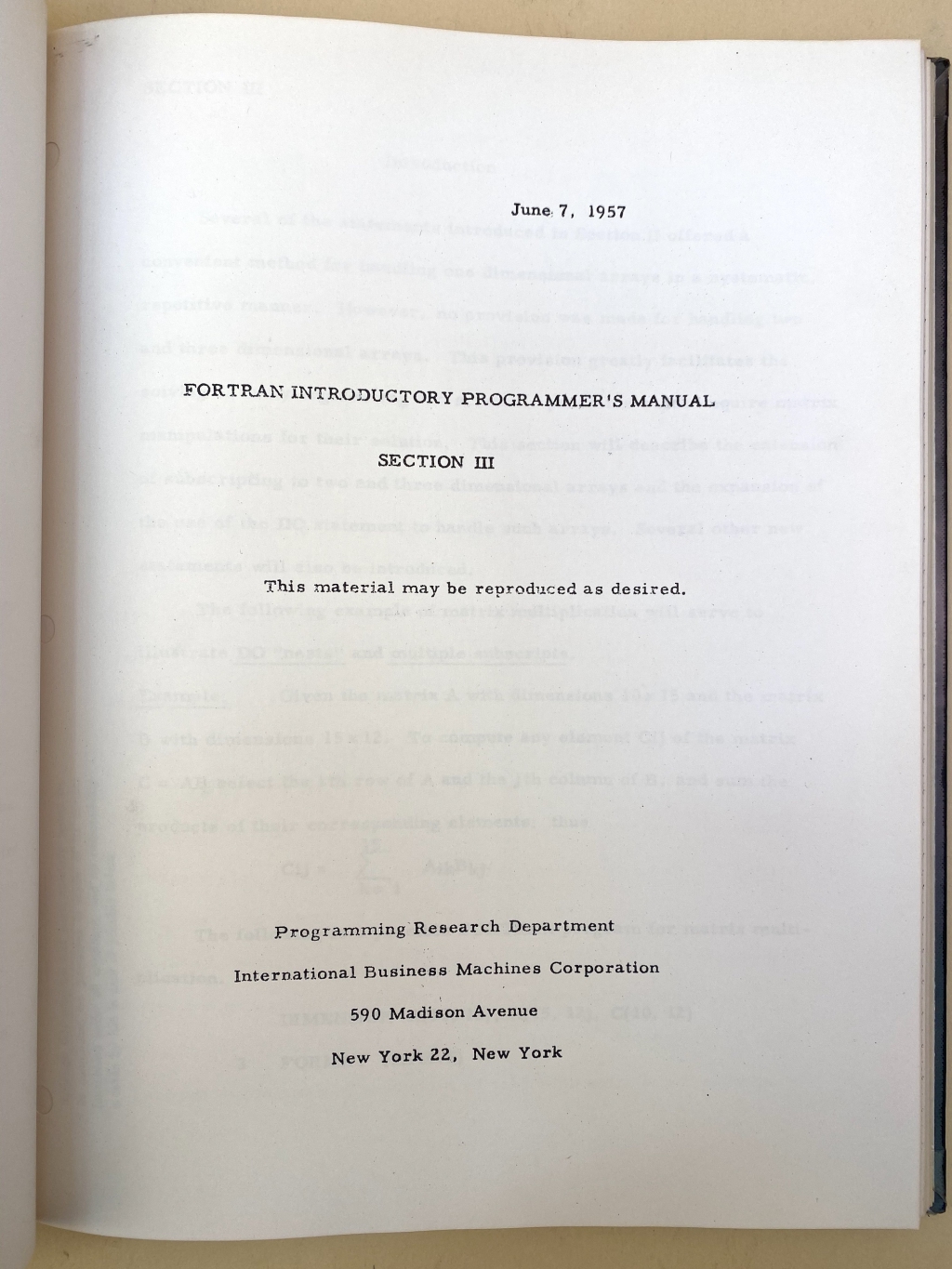 Preliminary FORTRAN manual section III title page
