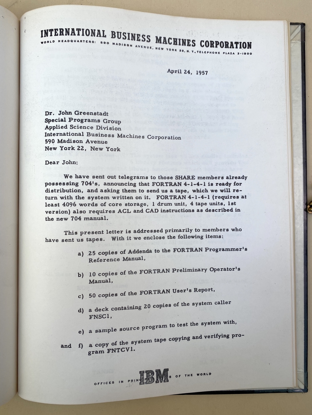 Letter from Backus distributing preliminary Fortran documents