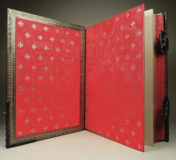 Spectacular silk endpapers on the copy of Thomas à Kempis