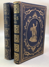 Deluxe publisher's bindings on the 1851 and 1852 editions of The Iris. Notice the name of the publisher stamped in small letters at the foot of the spines. Typically this indicated that the b