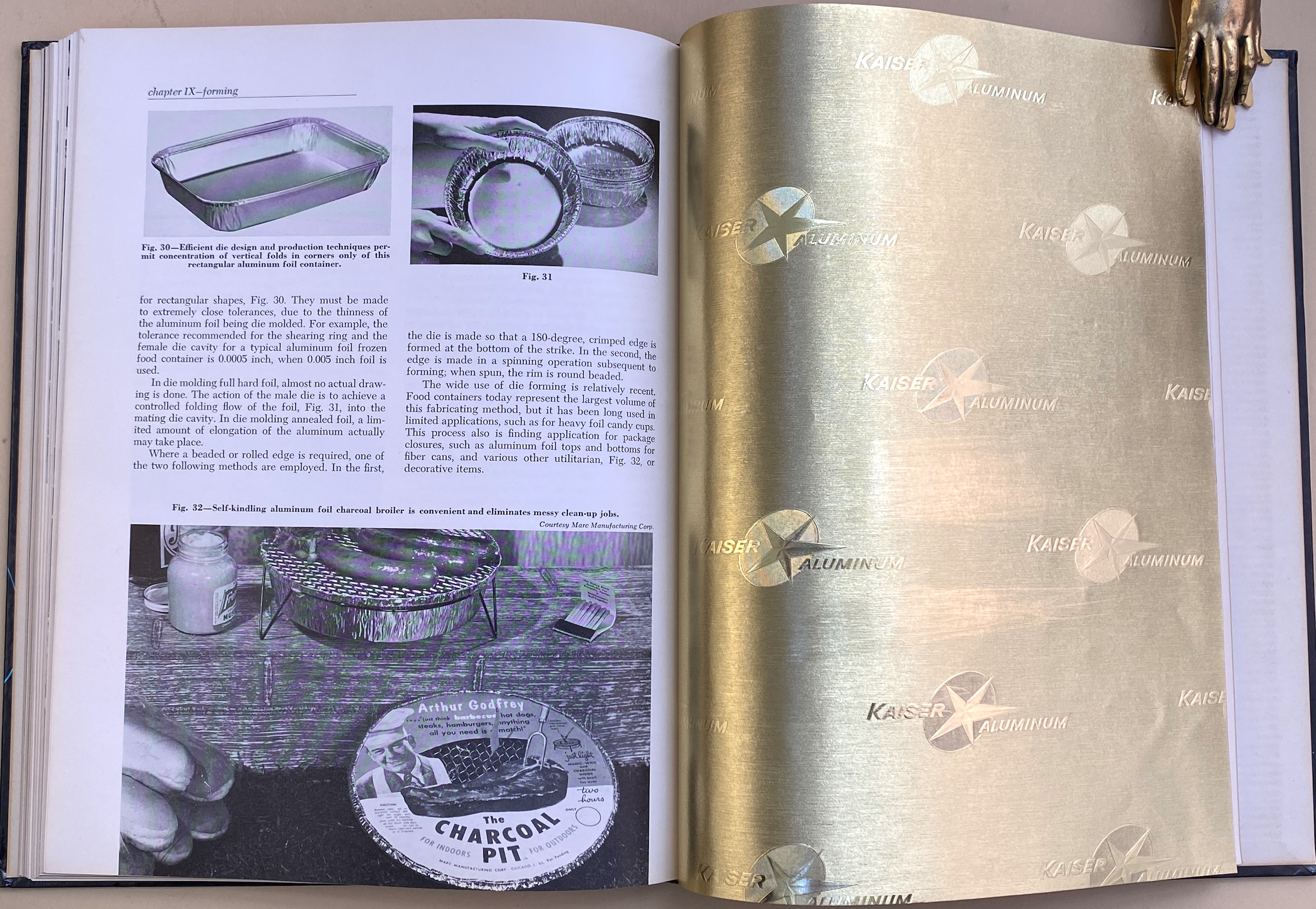 The page of aluminum foil printed to resemble gold was first laminated to paper before it embossed and bound into the volume.