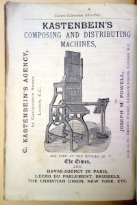 This ad was published in the back of the Caxton Celebration catalogue distributed at the exhibition in 1877. The machines were demonstrated at the exhibition.