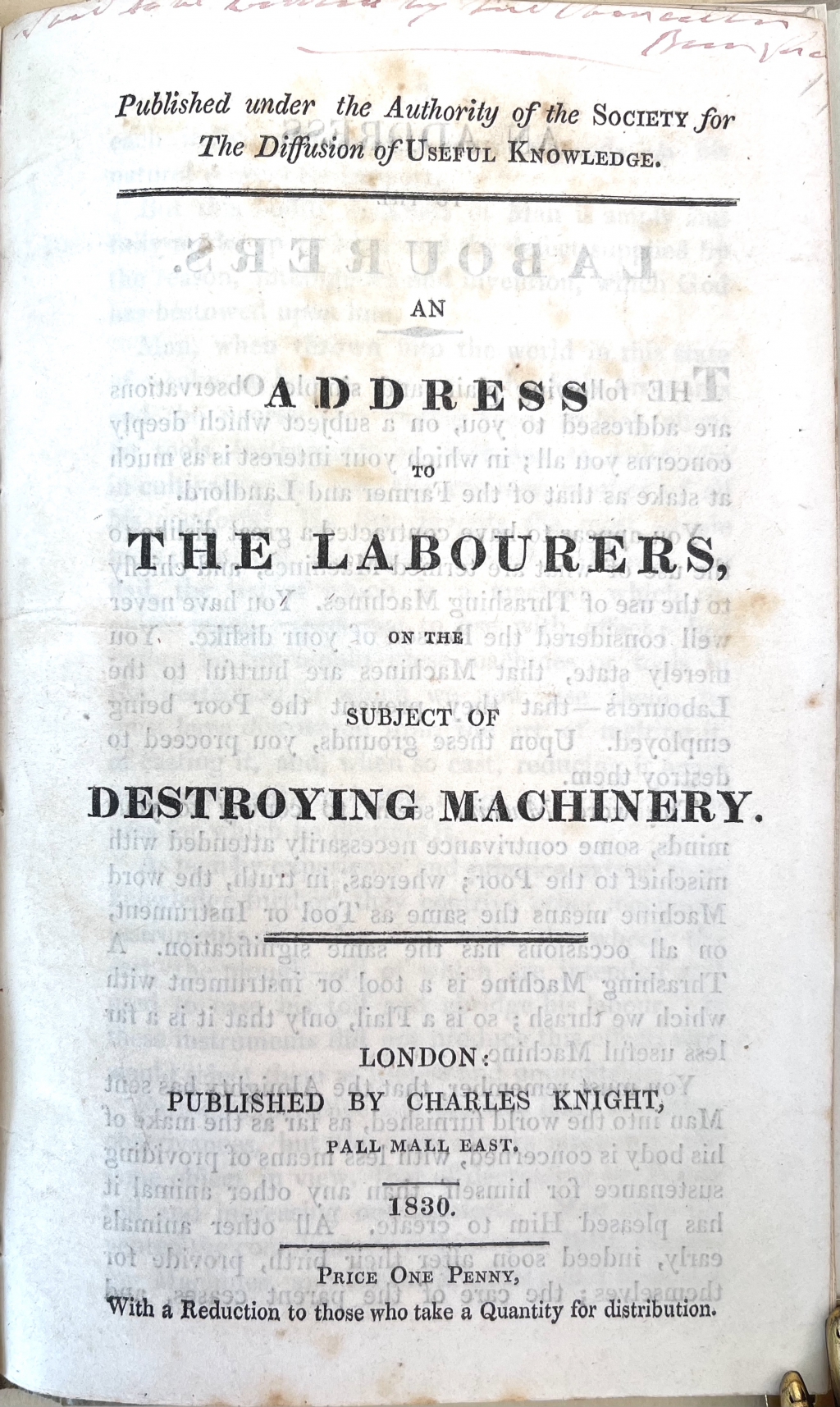 Title page of Knight's An Address to the Labourers on the Subject of Destroying Machinery